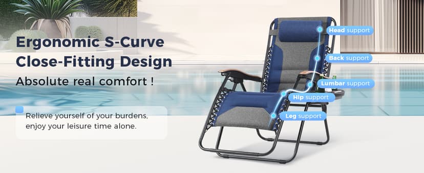 MAISON ARTS Oversized XXL Padded Zero Gravity Chair, 30" Wide Seat Foldable Patio Recliner, Anti Gravity Outdoor Lawn Chair with Cup Holder & Pillow, Supports 400lbs, Blue & Grey