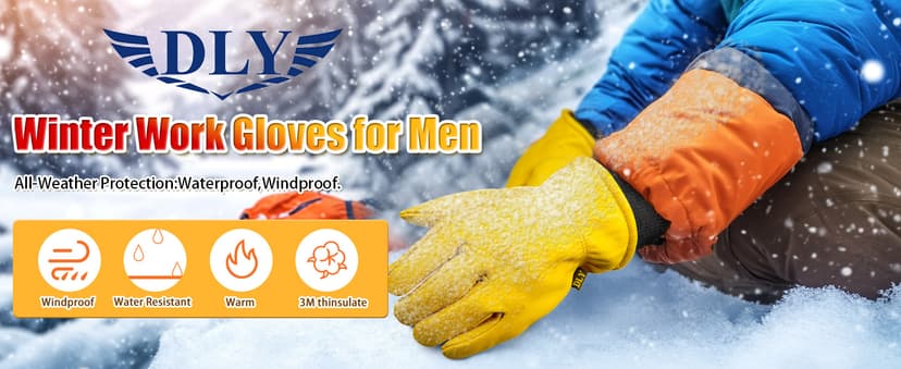 DLY Winter Work Gloves for Men, Water-Resistant, Insulated, Puncture and Abrasion Resistant, Cowhide Leather with Warm Thinsulate Lining for Cold Weather, Large, Yellow, New