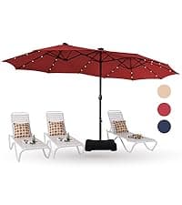 PHI VILLA 15ft Large Patio Umbrellas with Base Included, Outdoor Double-Sided Rectangle Big Market Umbrella with Stand, Outside Umbrellas for Poolside Lawn Backyard, Beige