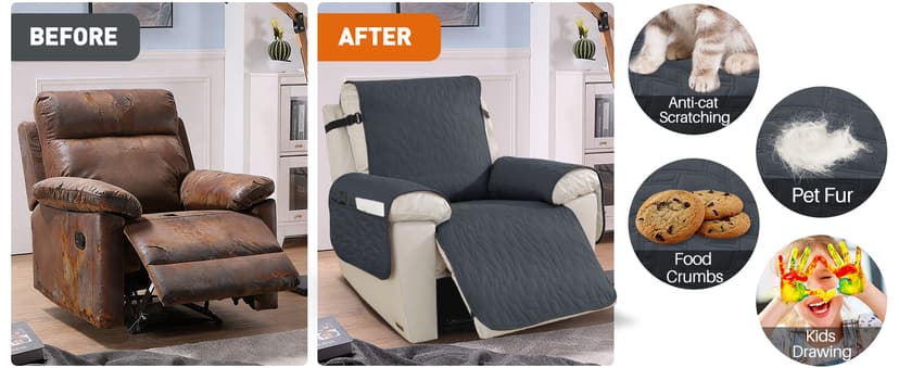 100% Waterproof Recliner Chair Covers,Non-Slip Chair Cover Dog Furniture Protector Recliner Covers Washable Slipcover with Pocket,Elastic Straps for Pets,Dogs,28",Coffee