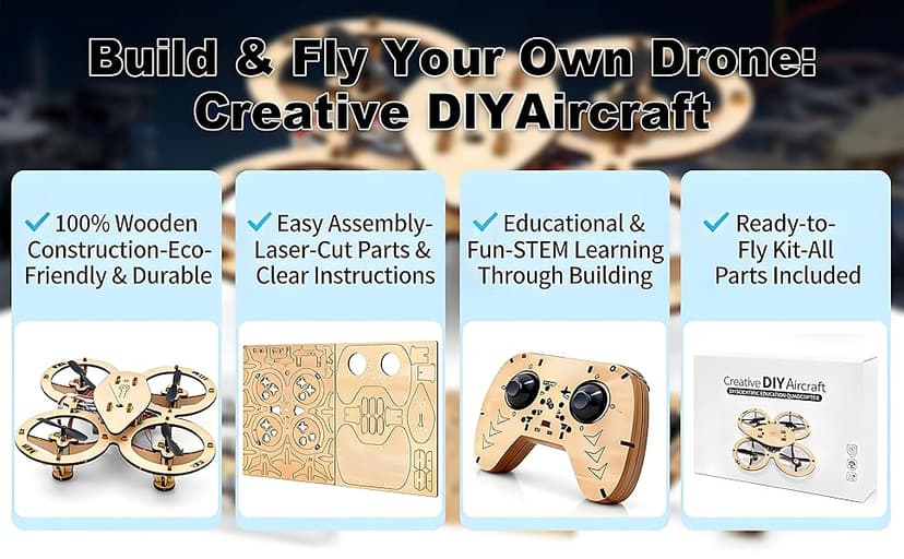 2026 New DIY Wooden RC Drone Kit, Remote Control 3D Building Blocks Quadcopter to Build for Adults, STEM Projects with Gyroscope for Beginners
