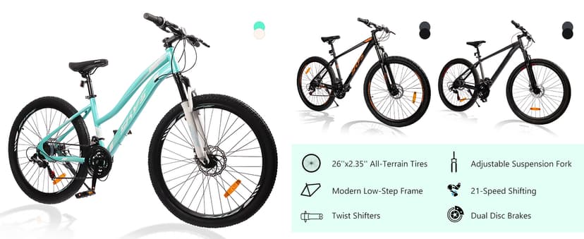 24/26 Inch Mountain Bike for Women & Girls, Twist Shifter, Dual Disc Brakes, Lockout Fork, 2.35" All Terrain Tires, Low Step Steel Frame, 85% Pre-Assembled