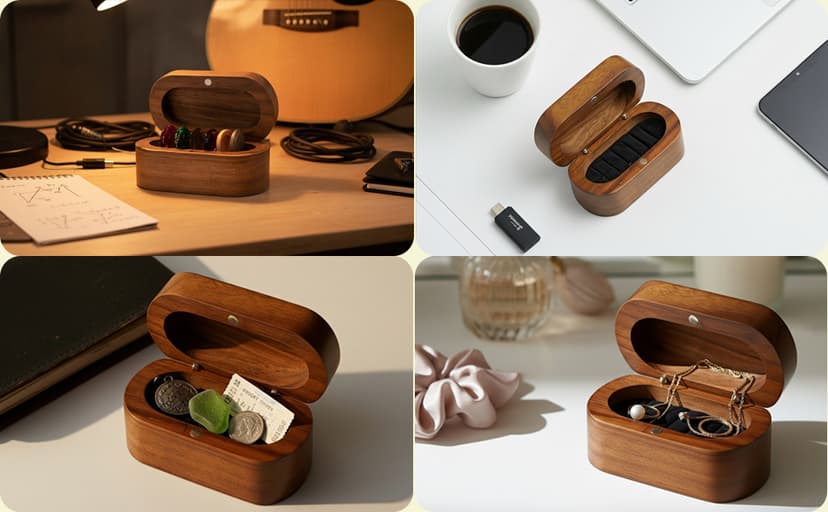 Onmiwod Guitar Pick Holder Set with 2 Color Wood Picks and 8 Celluloid Picks in 3 Thicknesses, Wooden Guitar Pick Case, Mini Jewelry Box, Guitar Music Accessories Gifts for Guitar Lover Player B0FMS2J7FV