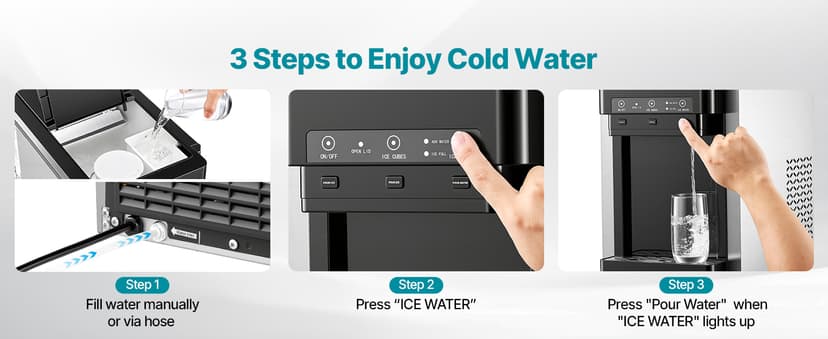 VEVOR Water Dispenser with Ice Maker, 3-in-1 Countertop Water Dispenser, 35 LBS/24H, 12 Cubes/7 Min Fast Ice Making with 4 LBS Storage, Bullet/Crushed ICES & Cold-Water, for Home, Kitchen, Party