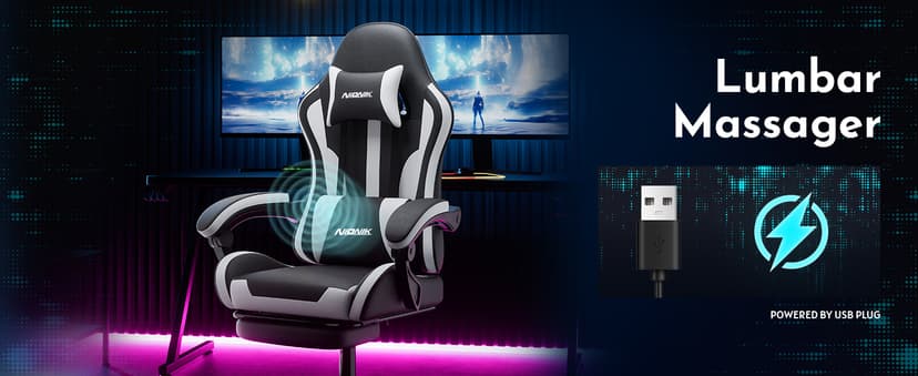 Gaming Chair, Ergonomic Computer Chair with Footrest and Lumbar Support, Height Adjustable Game Chair with 360°-Swivel Seat and Headrest and for Office or Gaming Blackwhite