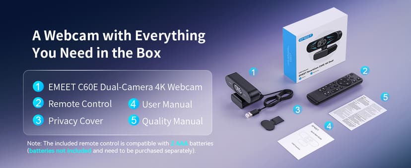 EMEET C60E Dual-Camera 4K Webcam for Streaming, Wide-Angle and Telephoto Cameras, Max 11X Hybrid Zoom & PDAF Autofocus, Remote Control, RGB Lighting, 2 Mics, Ideal for Livestreaming and Online Meeting