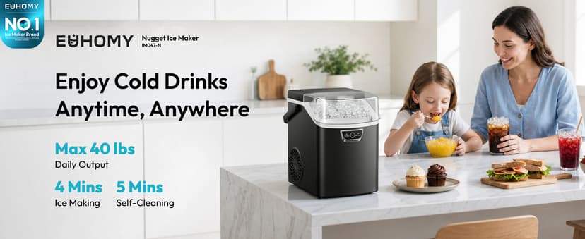 EUHOMY Nugget Ice Maker Countertop with Handle, Ready in 4 Mins, Max 40lbs/24H, Chewable Ice, Self-Cleaning, Portable Sonic Ice Maker with Basket and Scoop, for Home/Party/RV/Camping (Black)