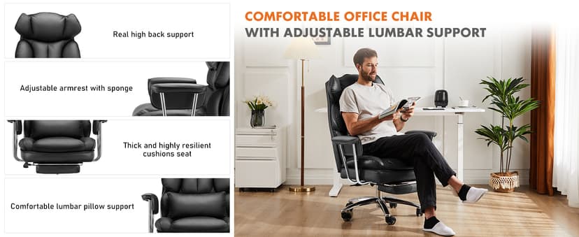 Sweetcrispy Executive Home Office Desk Chair - Ergonomic Big Tall High Back with Footrest & Lumbar Support, Reclining Height Adjustable, Comfy PU Leather Computer Gaming with Swivel Wheels, Black