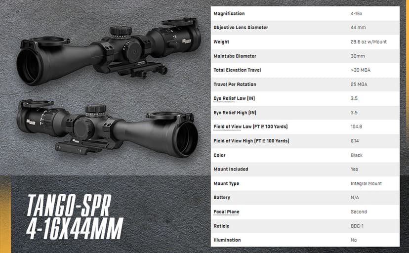 SIG SAUER Tango-SPR 4-16x44mm 30mm Tube Second Focal Plane/SFP/F2 Shockproof Waterproof Fogproof Tactical Riflescope | MOA BDC-1 Reticle, SPR Scope Mount, Flip-Back Caps Included, SOTS44000