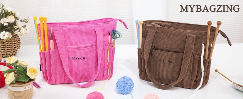 Crochet Bag and Tote - Corduroy Yarn Bag - Yarn Holder for Crocheting - Crochet Storage Bag for Crochet Hooks, Crochet Accessories, Knitting Bag for Crochet Lovers, Mother's Day Gift