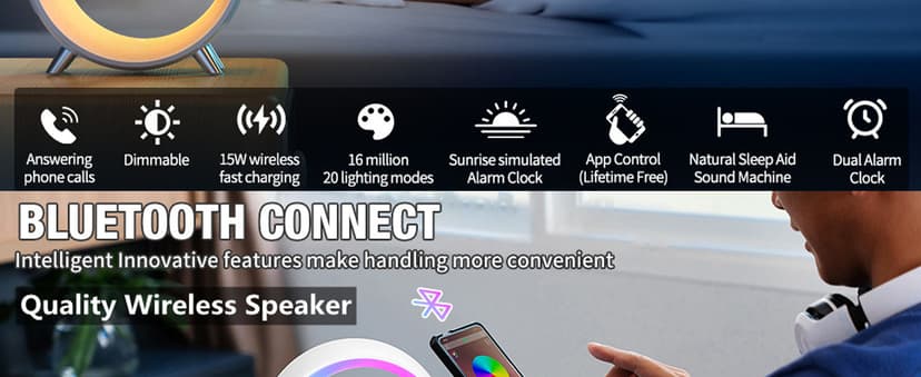 Smart LED Table Bedside Lamp with Bluetooth Speaker & App Control, 15W Fast Wireless Charging Station Dock, Sunrise Alarm Clock, Cool Night Light, for Bedroom, Home Decor, Birthday, Christmas Gifts