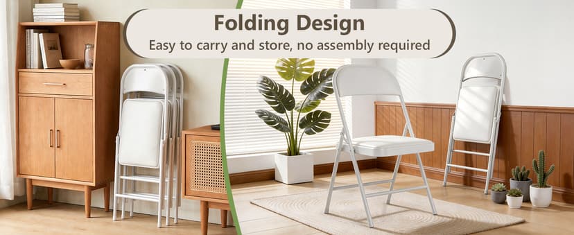 Folding Dining Chairs Set of 2 - Modern PU Leather Folding Chairs with Cushion Seat & Back Metal Legs Kitchen Chairs Folding Chair Set for Kitchen/Living Room/Bedroom/Parties (White)