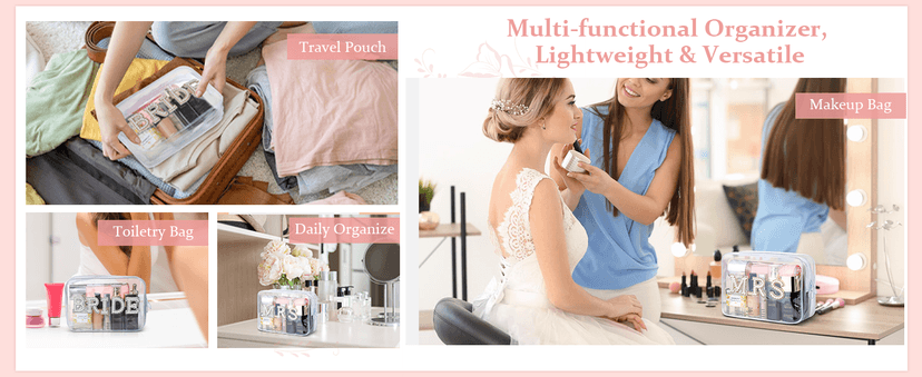 Etercycle Bride Clear Makeup Bag, Bridal Shower Gifts Engagement Cosmetic Bag, Bling Pearl Rhinestone Letter Patches Waterproof PVC Travel Organizer for Women Wedding Bachelorette Party (Gold)