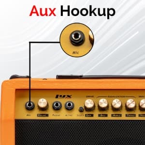 LyxPro 40 Watt Electric Guitar Amplifier | Solid State Studio Amp with 8” 4-Ohm Speaker, Custom EQ Controls, Drive, Delay, ¼” Passive/Active/Microphone Inputs, Aux in & Headphone Jack - Sunburst