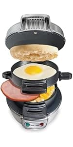 Hamilton Beach Breakfast Sandwich Maker with Egg Cooker Ring, Customize Ingredients, Perfect for English Muffins, Croissants, Mini Waffles, Perfect White Elephant Gifts, Red (25476)
