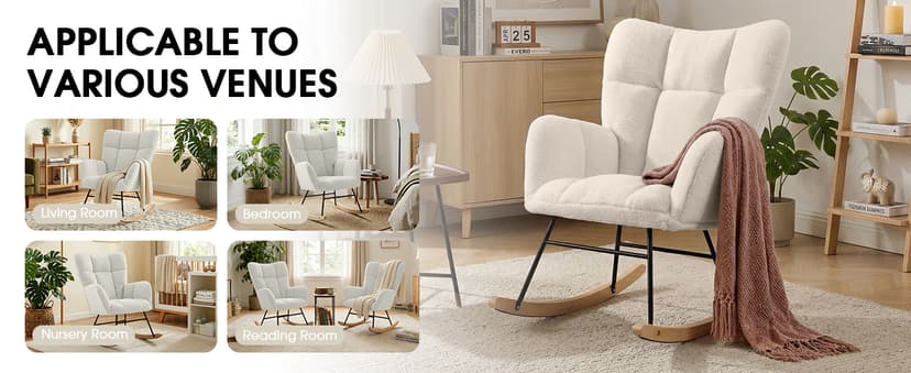 Nursery Rocking Chair, Teddy Upholstered Glider Chair with Thick Cushion, Tufted Gliding Rocker Chair with Wood Leg, Cozy Rocking Armchair, Accent Rocking Chair for Living Room (Ivory)