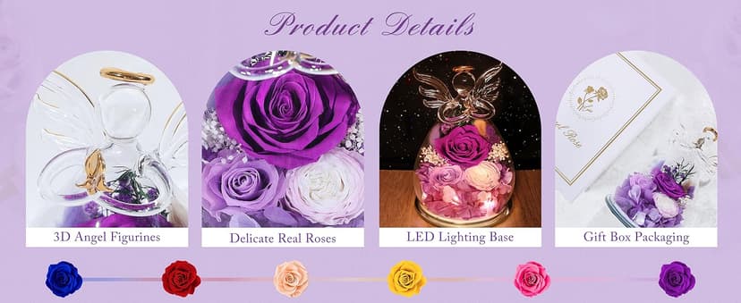 Gifts for Women Birthday Preserved Rose Forever Flower in Glass Angel Figurines Fresh Flowers for Delivery for Mom Real Colorful Roses for Grandma Sister Wife Her from Daughter