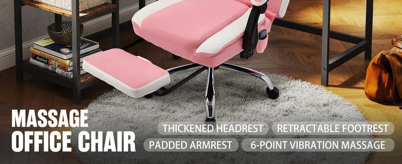 Massage Office Chair with Foot Rest,6-Point Vibration & Heat Executive Office Chairs,Ergonomic Computer Chair for Heavy People,Big and Tall Fabric Office Chair,Recliner with Padded Armrest,Pinkwhite