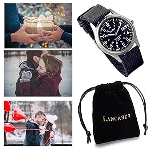 Lancardo Simplicity Analog Quartz Watch with Woven Nylon Band Luminous Hand Military Time 24H (Black) for Men