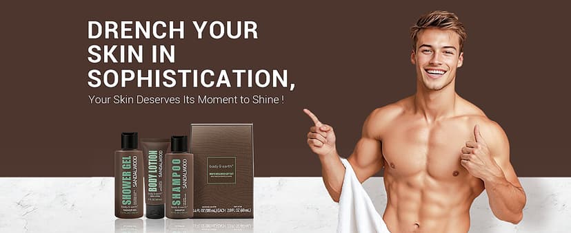 BODY & EARTH Men Gift Sets - 3PC Mens Gift Baskets Includes Sandalwood Shower Gel, Body Lotion, Shampoo, Mens Gift Basket as Birthday and Christmas Gifts for Men, Boyfriends and husbands