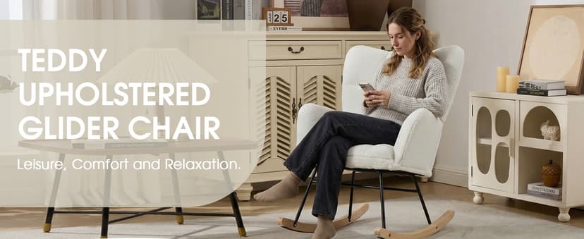 Nursery Rocking Chair, Teddy Upholstered Glider Chair with Thick Cushion, Tufted Gliding Rocker Chair with Wood Leg, Cozy Rocking Armchair, Accent Rocking Chair for Living Room (Ivory)
