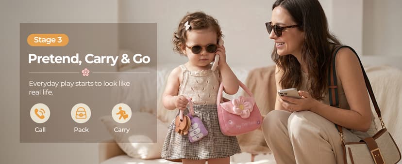 Teether Phone, Wooden Keys & Car Key, Soft Baby Purse with Mirror & Crinkle Card, Sensory Pretend Play, 1 Year Old Girl Gifts let's make My First Baby Purse, 10 Pcs Sensory Toy for Baby & Toddler Girls B0H151K19V