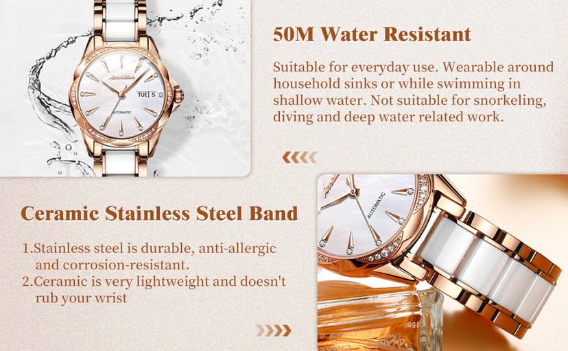 OLEVS Womens Big Face Automatic Watch, Diamond Accented Self Winding Dress Watch for Women, 50M Waterproof Day-Date Sapphire Crystal, Two Tone Stainless Steel Ceramic Band, White/Blue/Green/Red Dial