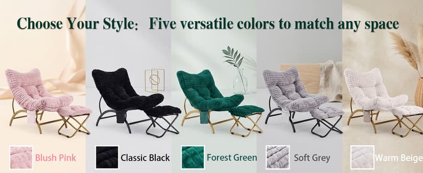 Welnow Black Lazy Chair with Ottoman, Oversized Reading Chair for Adults, Soft Padded Lounge Accent Chair for Living Room, Bedroom, Comfortable Reclining Leisure Chair with Side Pocket