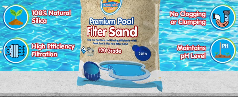 CLASSIC SAND & PLAY Swimming Pool Filter Sand for Above & Inground Pools, 20 lbs, Supports Residential and Commercial Filtration Systems, Premium Efficient Silica, No Clogging or Clumping, #20 Grade