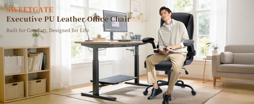 Office Chair, Executive Leather Office Chair with Lumbar Support & Flip-up Armrests, Ergonomic Adjustable High Back Swivel Chair with Rocking Function (Black)