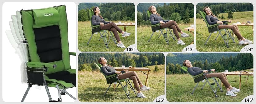 Folding Camping Chair with Cup Holder and Storage Bag, Heavy Duty Support 400 LBS, Oversized Collapsible Portable Adjustable Back Support Camping Chair for Outdoor Lawn Patio Balcony