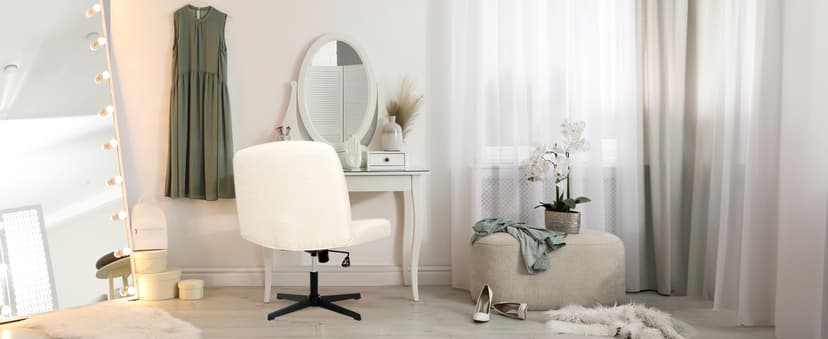 Orange Factory Criss Cross Chair No Wheel Wide Cross Legged Office Desk Vanity Chair Comfy Fabric Armless Adjustable Swivel for Home Computer Task (Beige No Wheel, Classic Fabric)