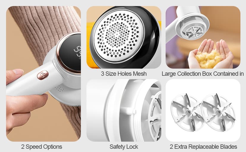 Fabric Shaver Lint Remover for Clothes with 2 Speeds, Digital Display, 6 Leaf Blades, USB Rechargeable Sweater Defuzzer to Remove Pilling Fuzz Ball for Furniture, Couch, Coat.