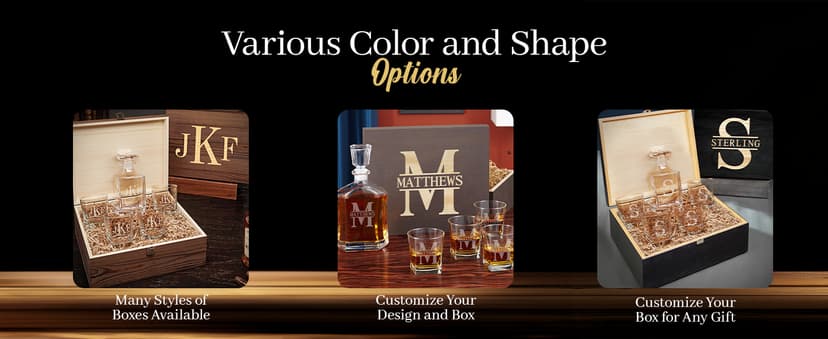 Personalized Whiskey Decanter Set with Wood Gift Box - Custom Bourbon and Scotch Gift Boxed Set