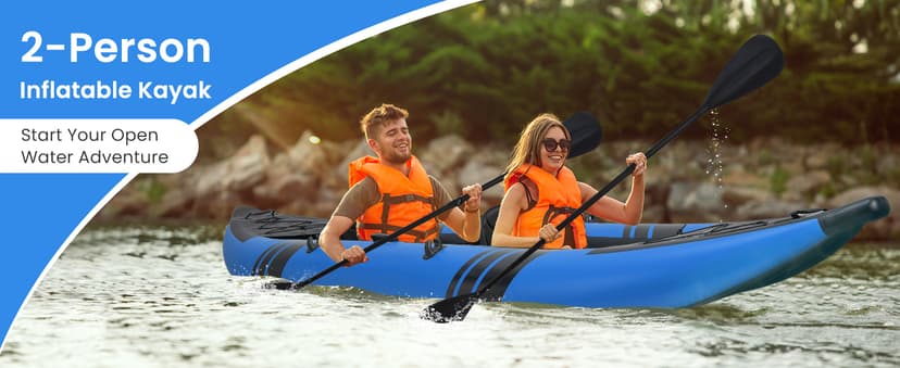 GYMAX Inflatable Kayak, 12.5Ft 507lbs Tandem Kayak with 2 Aluminum Paddles, 2 Padded Seats, Footrests, 2 Fins, Hand Pump, Carry Bag & Repair Kit, 2 Person Fishing Touring Kayak for Adults