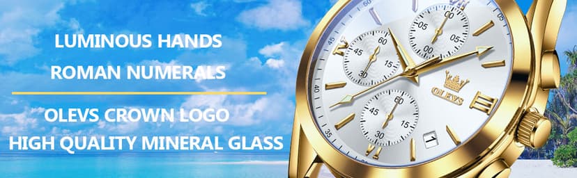 OLEVS Men's Casual Leather Watch, Big Face Chronograph Watch for Men, Fashion Easy to Read Dress Watch, Men's Waterproof Luminous Date Analog Watch, Gold/Black/White/Blue Dial