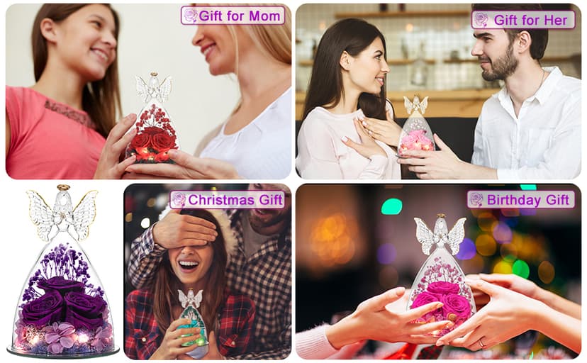 Christmas Rose Gifts for Women Preserved Real Flower in Glass Angel Figurines Roses for Delivery Prime Birthday Gifts for Mom Grandma Girlfriend Wife Her - Purple