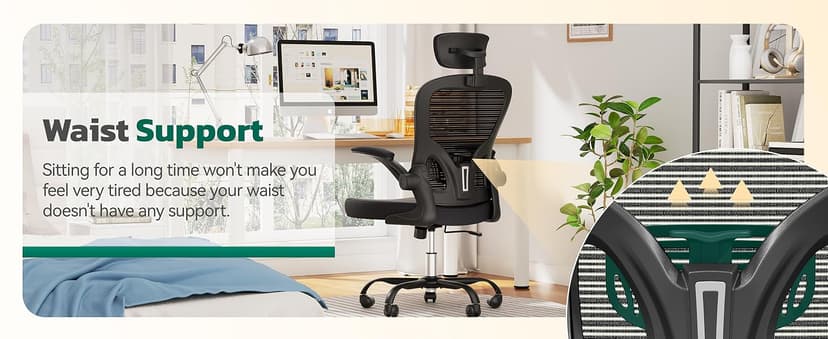 Ergonomic Office Chair, 300lbs High Back Breathable Mesh Desk Chair with Lumbar Support, Comfy Gaming Chair with Headrest and Flip-Up Arms, 360° Swivel Computer Task Chair for Home Office, Black