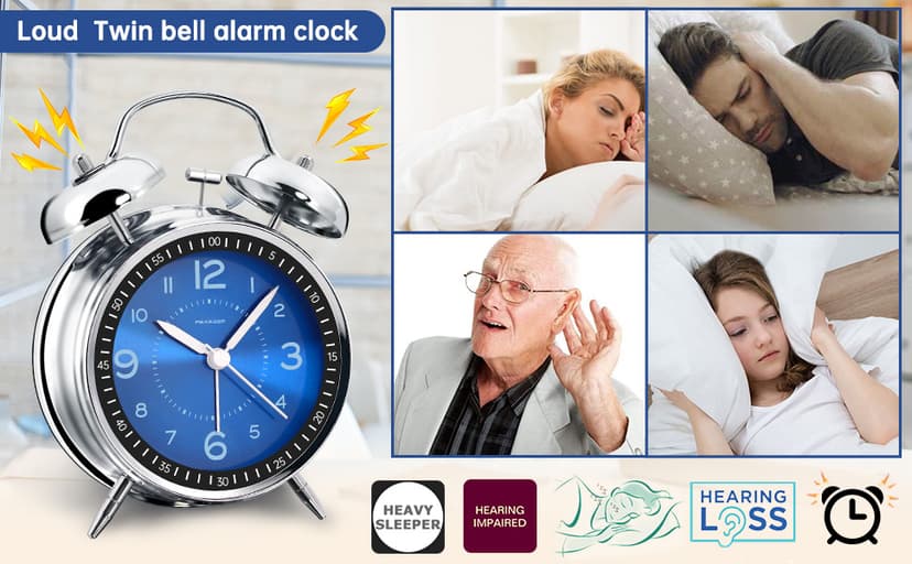 Peakeep Loud Alarm Clock for Heavy Sleepers Adults, Metal 4.5 Inches Twin Bell Battery Operated Analog Alarm Clocks for Bedrooms Decoration (Jewel Blue)