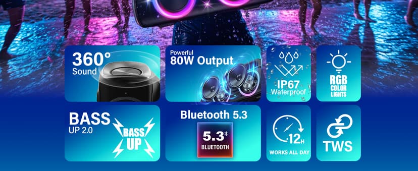 Speakers, 80w (Peak) Portable Wireless Speaker with Lights, Stereo Loud Sound, IP67 Waterproof, Deep Bass Outdoor Speakers Bluetooth 5.3 Dual Pairing for Home Party Beach Camping, Gifts