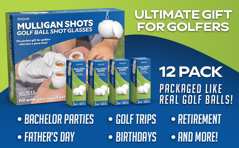 GoSports Mulligan Shots Golf Ball Shot Glasses with Lids - 12 Pack - Funny Golf Gifts for Men