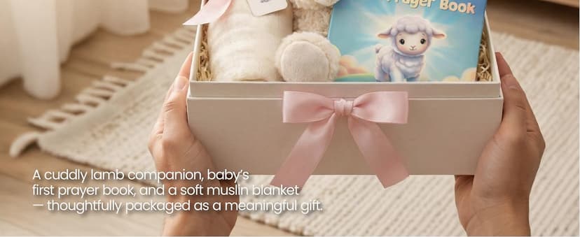 Ready-to-Gift Box: 10" Praying Lamb Plush with Pink Bow, Bamboo Muslin Blanket, First Prayer Book & Card. Baptism Gifts for Girl - Christening & Dedication 5-Piece Keepsake Set B0GHZRX7RP