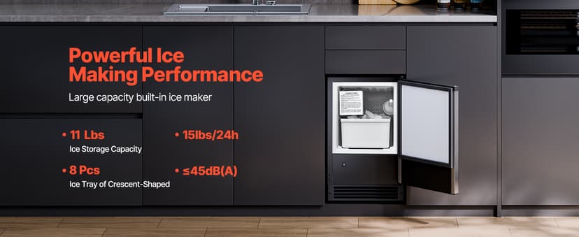 VEVOR Undercounter Built-in Ice Maker, 15 Lbs/Day Under Counter Ice Maker Machine with Reversible Door Stainless Steel, Freestanding Ice Maker for Commercial Home Kitchen, No Drain Required