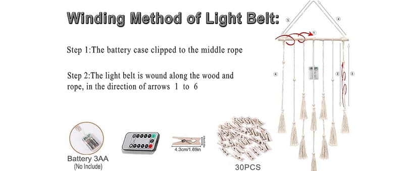 Homecor Hanging Photo Display Wall Decor, Macrame Wall Hanging Boho Room Bedroom Decor, Picture Frame Collage Board with Light 30 Clip, Christmas Teenage Teen Girl Gifts Ages 10 11 12 13 14 Years Old