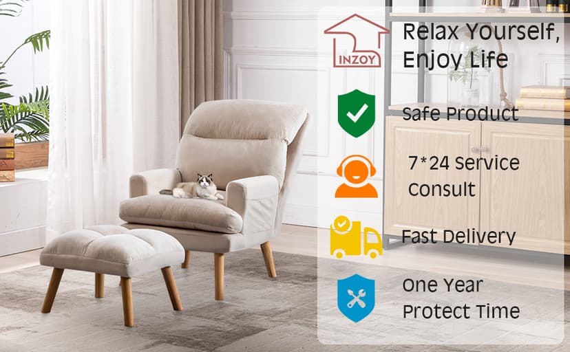 INZOY Accent Chairs with Ottoman Set, Modern Velvet Armchair with Adjustable Backrest, Comfy Lounge Chair for Living Room Bedroom, Beige