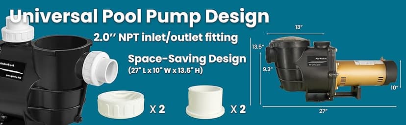 XtremepowerUS 2HP In-Ground Swimming Pool Pump Dual Speed High Flow 2" Inlet 230V High Flo 2-Speed w/ Slip-On Fitting Adapter, 5,820 GPH with Filter Basket