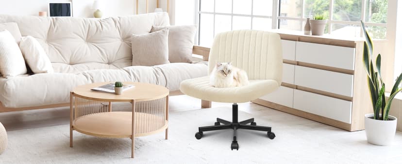 NEO CHAIR Criss Cross Chair with Wheels Home Office Cross Legged Armless Chairs Ergonomic Adjustable Computer Desk Task Wide Seat for Bedroom Vanity Comfy Swivel (Beige)