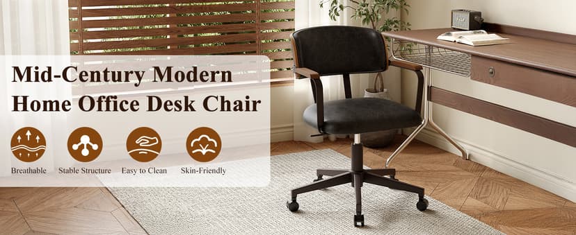 Mid-Century Modern Desk Chair with Walnut Bentwood Design,Retro Home Office Chair with Adjustable Height,360°Swivel,Smooth Rolling Casters,Small Computer Chair PU Leather (Black)