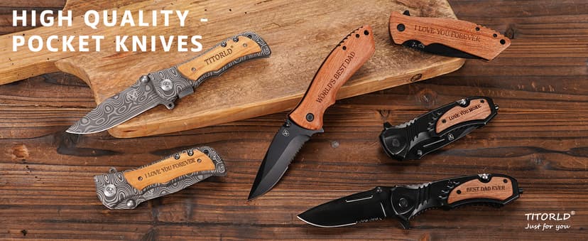 Gifts for Him Men Husband, Christmas Stocking Stuffers, Anniversary Birthday Gifts ideas for Him, Engraved Pocket Knife, Wooden Handle Folding Knife with Wood Box, Unique Outdoor Camping Hiking Tool