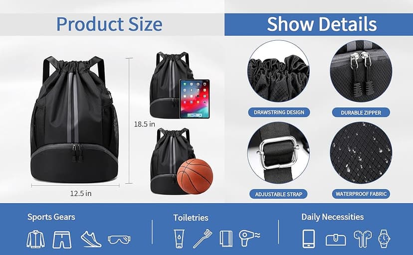 JELUTAR Drawstring Backpack Gym Bag with Shoes Compartment for Soccer, Basketball, Swim, Water-Resistant String Backpack Beach Cinch for Women Men